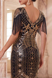 Sparkly Apricot V-Neck Sequins Floral Bodycon Midi Roaring 1920s Dress with Fringes