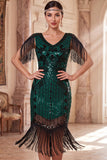 Sparkly Apricot V-Neck Sequins Floral Bodycon Midi Roaring 1920s Dress with Fringes