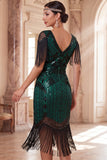 Sparkly Apricot V-Neck Sequins Floral Bodycon Midi Roaring 1920s Dress with Fringes