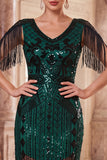 Sparkly Apricot V-Neck Sequins Floral Bodycon Midi Roaring 1920s Dress with Fringes
