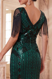 Sparkly Apricot V-Neck Sequins Floral Bodycon Midi Roaring 1920s Dress with Fringes