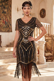 Sparkly Black V-Neck Sequins Fringed Bodycon Roaring 1920s Dress with Sleeves