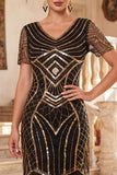 Sparkly Black V-Neck Sequins Fringed Bodycon Roaring 1920s Dress with Sleeves
