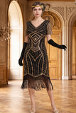 Sparkly Black V-Neck Sequins Fringed Bodycon Roaring 1920s Dress with Sleeves