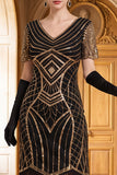 Sparkly Black V-Neck Sequins Fringed Bodycon Roaring 1920s Dress with Sleeves