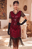 Sparkly Black V-Neck Sequins Fringed Bodycon Roaring 1920s Dress with Sleeves
