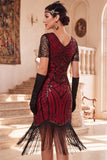 Sparkly Black V-Neck Sequins Fringed Bodycon Roaring 1920s Dress with Sleeves