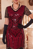 Sparkly Black V-Neck Sequins Fringed Bodycon Roaring 1920s Dress with Sleeves