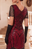 Sparkly Black V-Neck Sequins Fringed Bodycon Roaring 1920s Dress with Sleeves
