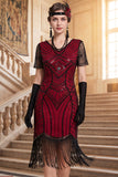 Sparkly Black V-Neck Sequins Fringed Bodycon Roaring 1920s Dress with Sleeves