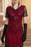 Sparkly Black V-Neck Sequins Fringed Bodycon Roaring 1920s Dress with Sleeves