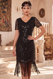 Sparkly Black V-Neck Sequins Fringed Bodycon Roaring 1920s Dress with Sleeves