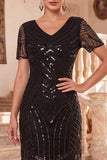 Sparkly Black V-Neck Sequins Fringed Bodycon Roaring 1920s Dress with Sleeves