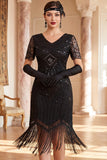 Sparkly Black V-Neck Sequins Fringed Bodycon Roaring 1920s Dress with Sleeves