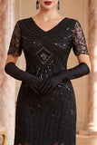 Sparkly Black V-Neck Sequins Fringed Bodycon Roaring 1920s Dress with Sleeves