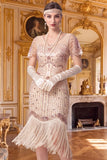 Sparkly Apricot Bodycon V-Neck Sequins Fringed Roaring 1920s Dress with Sleeves