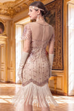 Sparkly Apricot Bodycon V-Neck Sequins Fringed Roaring 1920s Dress with Sleeves