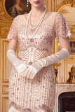 Sparkly Apricot Bodycon V-Neck Sequins Fringed Roaring 1920s Dress with Sleeves