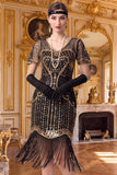 Sparkly Apricot Bodycon V-Neck Sequins Fringed Roaring 1920s Dress with Sleeves