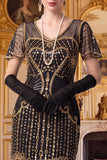 Sparkly Apricot Bodycon V-Neck Sequins Fringed Roaring 1920s Dress with Sleeves