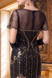 Sparkly Apricot Bodycon V-Neck Sequins Fringed Roaring 1920s Dress with Sleeves