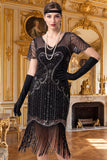 Sparkly Apricot Bodycon V-Neck Sequins Fringed Roaring 1920s Dress with Sleeves