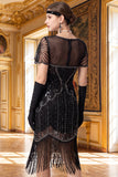 Sparkly Apricot Bodycon V-Neck Sequins Fringed Roaring 1920s Dress with Sleeves