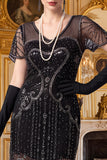 Sparkly Apricot Bodycon V-Neck Sequins Fringed Roaring 1920s Dress with Sleeves