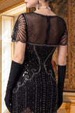Sparkly Apricot Bodycon V-Neck Sequins Fringed Roaring 1920s Dress with Sleeves