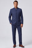 Navy 2 Piece Mandarin Collar Embroidery Men's Prom Suits