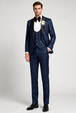 3 Piece Navy Jacquard Satin Shawl Lapel Single Breasted Men's Prom Suits