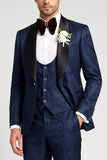 3 Piece Navy Jacquard Satin Shawl Lapel Single Breasted Men's Prom Suits
