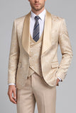 Champagne 3 Piece Jacquard Satin Shawl Lapel Men's Prom Suits
