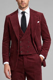 Burgundy Corduroy Peak Lapel Single Breasted 3 Piece Men's Prom Suits