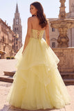 Yellow Ball Gown Corset Strapless Pearls Tiered Ruffled Long Prom Dress