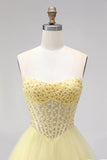 Yellow Ball Gown Corset Strapless Pearls Tiered Ruffled Long Prom Dress