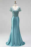 Peacock Embroidery Mermaid Satin V-Neck Beaded Long Prom Dress with Short Sleeves