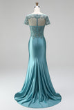 Peacock Embroidery Mermaid Satin V-Neck Beaded Long Prom Dress with Short Sleeves
