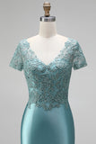 Peacock Embroidery Mermaid Satin V-Neck Beaded Long Prom Dress with Short Sleeves