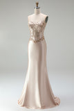 Champagne Satin Mermaid Corset Beaded Strapless Long Prom Dress