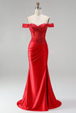 Off the Shoulder Red Mermaid Corset Satin Ruched Sequins Appliques Beaded Long Prom Dress with Slit
