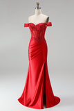 Off the Shoulder Red Mermaid Corset Satin Ruched Sequins Appliques Beaded Long Prom Dress with Slit