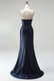 Dark Navy Mermaid Beaded Appliques Corset Satin Strapless Long Prom Dress with Slit