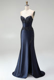Dark Navy Mermaid Beaded Appliques Corset Satin Strapless Long Prom Dress with Slit