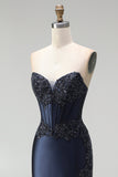 Dark Navy Mermaid Beaded Appliques Corset Satin Strapless Long Prom Dress with Slit