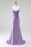 Lilac Satin Corset Sheer 3D Floral Appliques Ruched Spaghetti Straps Long Prom Dress