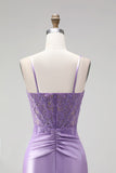 Lilac Satin Corset Sheer 3D Floral Appliques Ruched Spaghetti Straps Long Prom Dress