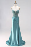 Blue Mint Mermaid Ruched Corset Satin Appliques Spaghetti Straps Long Prom Dress with Beading