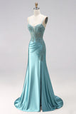 Blue Mint Mermaid Ruched Corset Satin Appliques Spaghetti Straps Long Prom Dress with Beading
