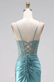 Blue Mint Mermaid Ruched Corset Satin Appliques Spaghetti Straps Long Prom Dress with Beading